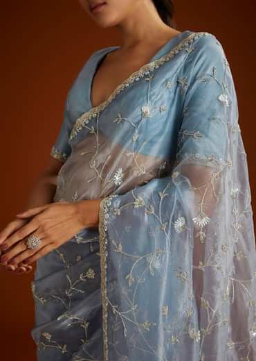 Aqua Blue Crushed Tissue Saree With Floral Jaal Embroidery