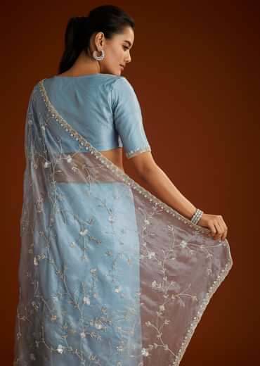 Aqua Blue Crushed Tissue Saree With Floral Jaal Embroidery