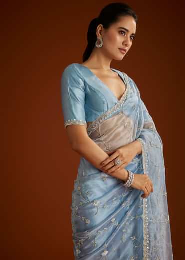 Aqua Blue Crushed Tissue Saree With Floral Jaal Embroidery