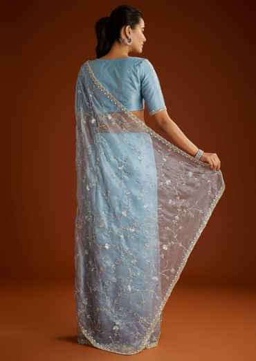 Aqua Blue Crushed Tissue Saree With Floral Jaal Embroidery