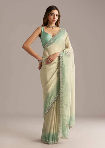 Aqua Blue Jacquard Saree With Mirror And Bead Embroidery
