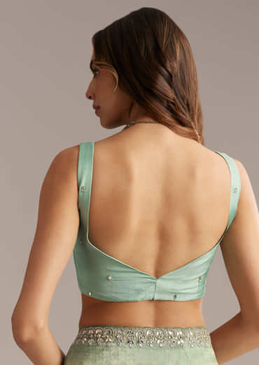 Aqua Blue Jacquard Saree With Mirror And Bead Embroidery