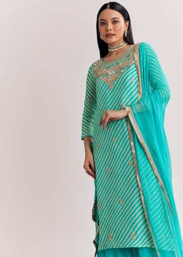 Aqua Blue Leheriya Kurta Palazzo Suit With Zardosi And Moti Work