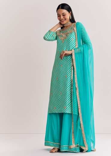 Aqua Blue Leheriya Kurta Palazzo Suit With Zardosi And Moti Work