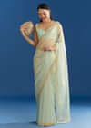 Aqua Blue Organza Tissue Embellishd Saree With Scallop Border