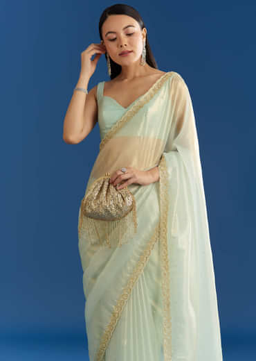 Aqua Blue Organza Tissue Embellishd Saree With Scallop Border
