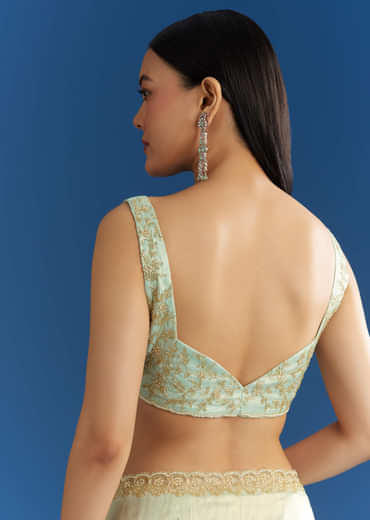 Aqua Blue Organza Tissue Embellishd Saree With Scallop Border