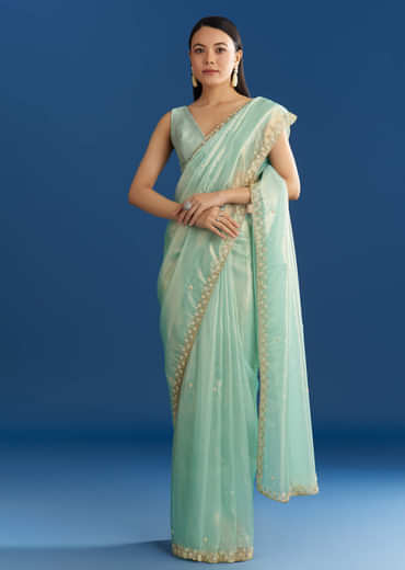 Aqua Blue Organza Tissue Saree With Cutdana And Beads Scallop Border