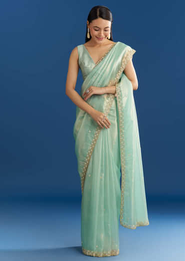 Aqua Blue Organza Tissue Saree With Cutdana And Beads Scallop Border