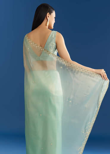Aqua Blue Organza Tissue Saree With Cutdana And Beads Scallop Border