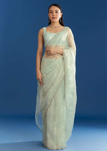 Aqua Blue Organza Tissue Saree With Embellished Border