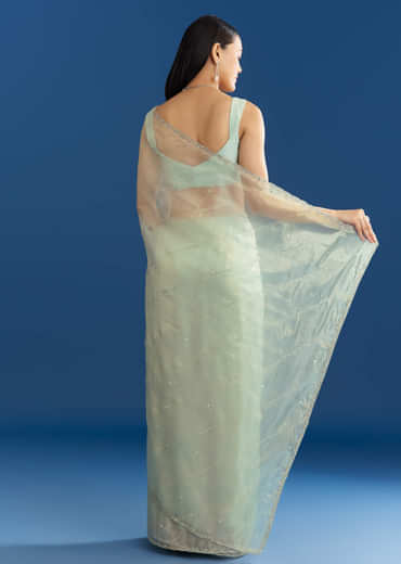 Aqua Blue Organza Tissue Saree With Embellished Border