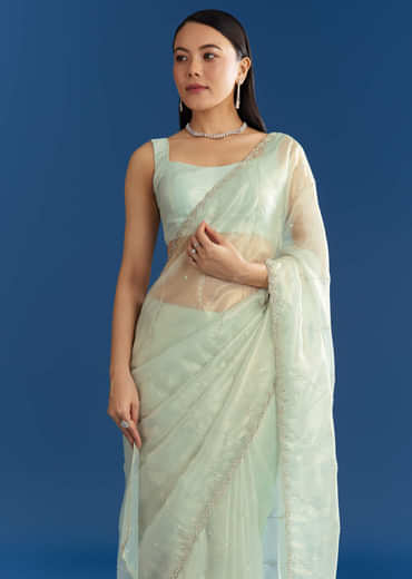 Aqua Blue Organza Tissue Saree With Embellished Border