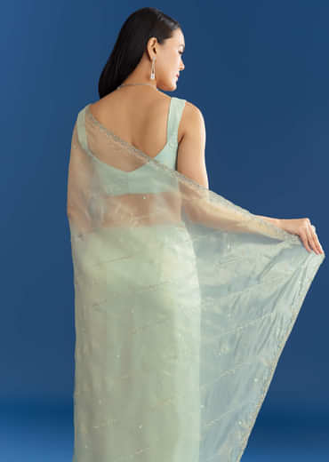 Aqua Blue Organza Tissue Saree With Embellished Border