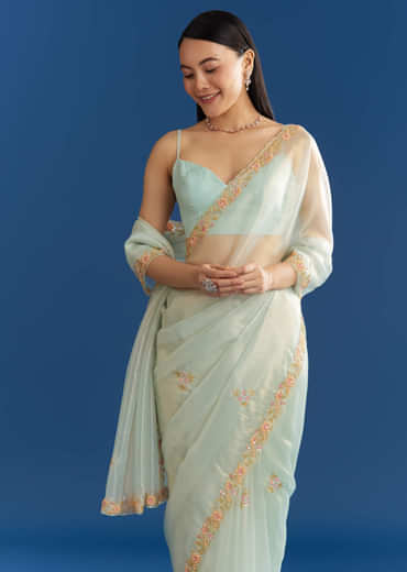 Aqua Blue Organza Tissue Saree With Multicolor Border