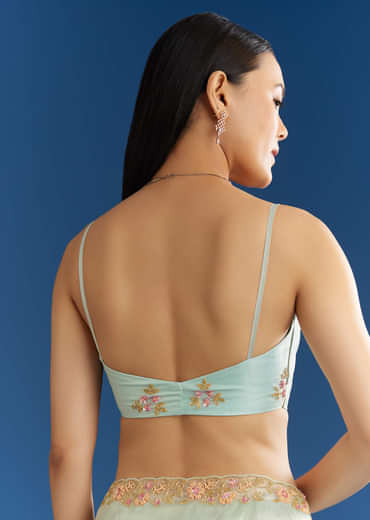 Aqua Blue Organza Tissue Saree With Multicolor Border