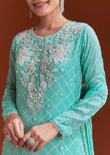 Aqua Blue Chinon Sharara Set With Cutdana And Sequins