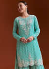 Aqua Blue Chinon Sharara Set With Cutdana And Sequins