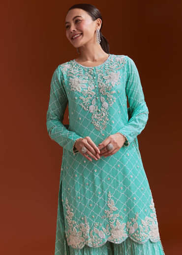 Aqua Blue Chinon Sharara Set With Cutdana And Sequins
