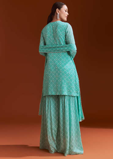 Aqua Blue Chinon Sharara Set With Cutdana And Sequins