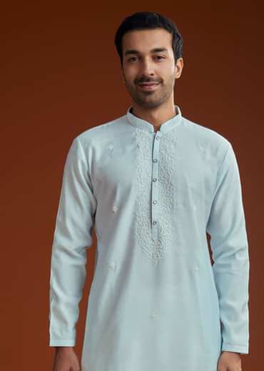Aqua Blue Silk Embroidered Kurta Set