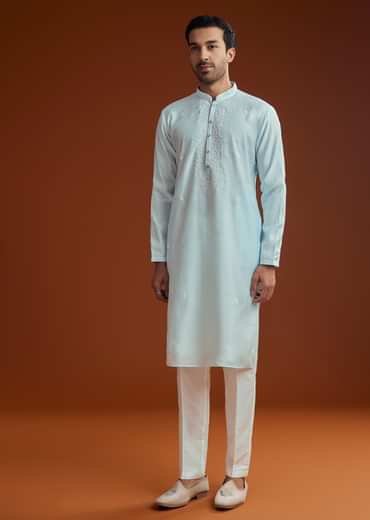 Aqua Blue Silk Embroidered Kurta Set