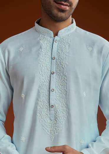 Aqua Blue Silk Embroidered Kurta Set