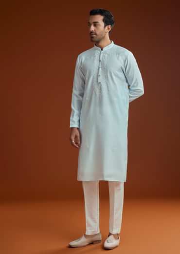 Aqua Blue Silk Embroidered Kurta Set