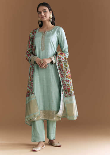 Aqua Blue Silk Embroidered Kurta Set With Kalamkari Floral Print Dupatta