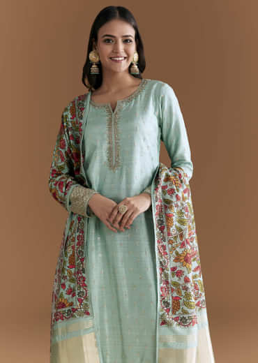 Aqua Blue Silk Embroidered Kurta Set With Kalamkari Floral Print Dupatta