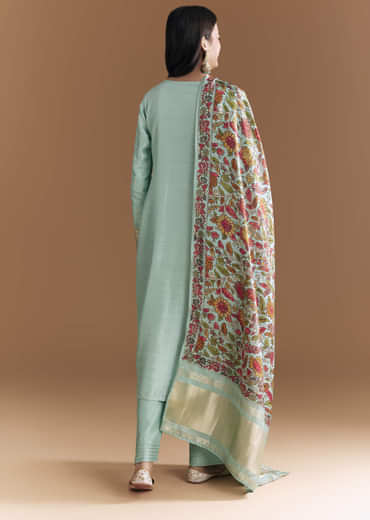 Aqua Blue Silk Embroidered Kurta Set With Kalamkari Floral Print Dupatta