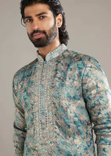 Aqua Blue Silk Kurta Set For Men With Hand Embroidery And Floral Print