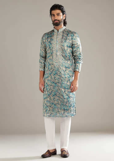 Aqua Blue Silk Kurta Set For Men With Hand Embroidery And Floral Print