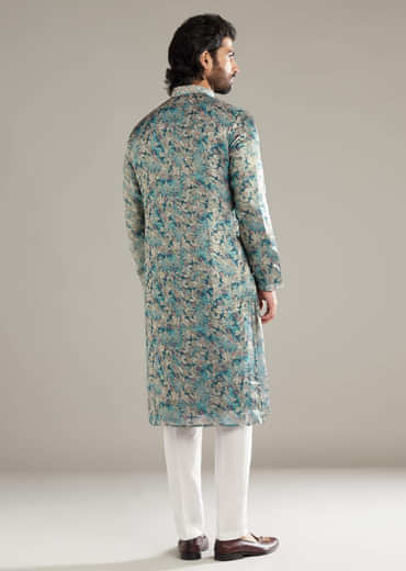 Aqua Blue Silk Kurta Set For Men With Hand Embroidery And Floral Print