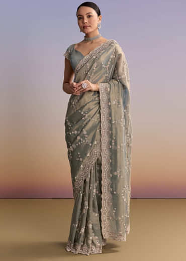 Aqua Blue Tissue Embroidered Saree With Cutdana And Stone Work