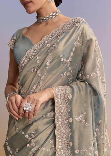 Aqua Blue Tissue Embroidered Saree With Cutdana And Stone Work