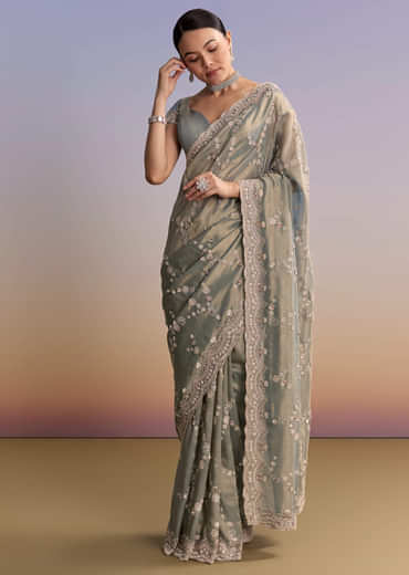 Aqua Blue Tissue Embroidered Saree With Cutdana And Stone Work