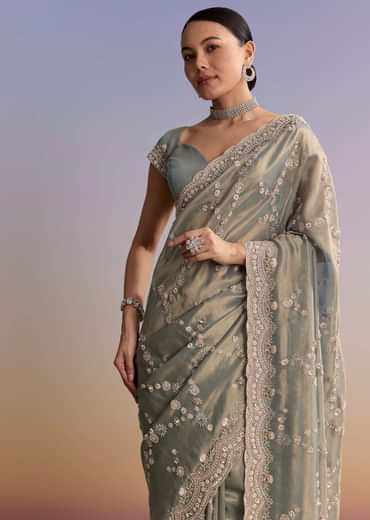 Aqua Blue Tissue Embroidered Saree With Cutdana And Stone Work