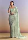 Aqua Blue Tissue Saree With Cutwork And Unstitched Embellished Blouse