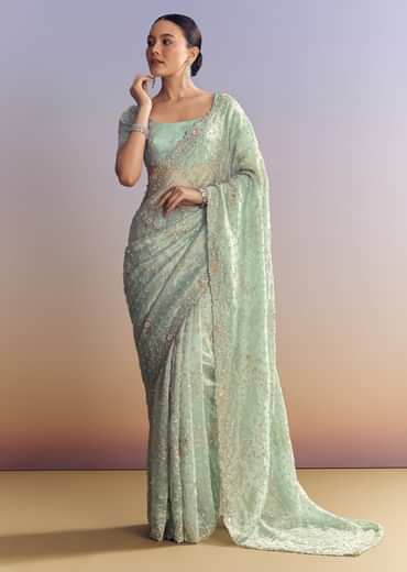 Aqua Blue Tissue Saree With Cutwork And Unstitched Embellished Blouse