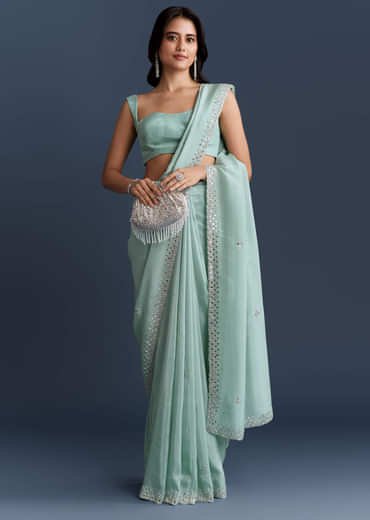 Aqua Blue Tissue Saree With Heavy Hand Embroidery