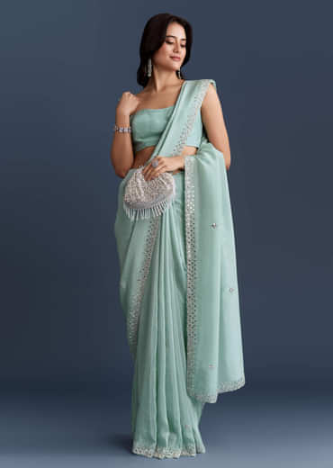 Aqua Blue Tissue Saree With Heavy Hand Embroidery