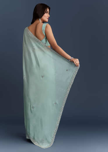 Aqua Blue Tissue Saree With Heavy Hand Embroidery