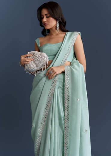 Aqua Blue Tissue Saree With Heavy Hand Embroidery