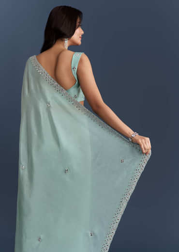 Aqua Blue Tissue Saree With Heavy Hand Embroidery
