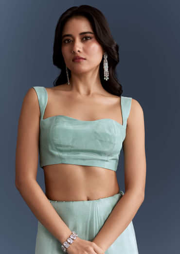 Aqua Blue Tissue Saree With Heavy Hand Embroidery