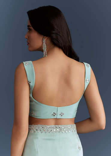 Aqua Blue Tissue Saree With Heavy Hand Embroidery