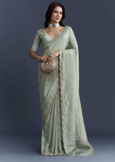 Aqua Blue Tissue Saree With Intricate Hand Embroidery