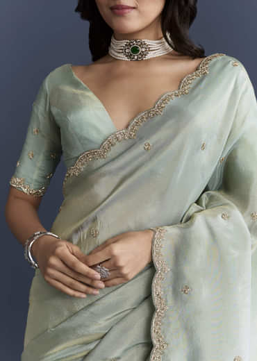 Aqua Blue Tissue Saree With Intricate Hand Embroidery
