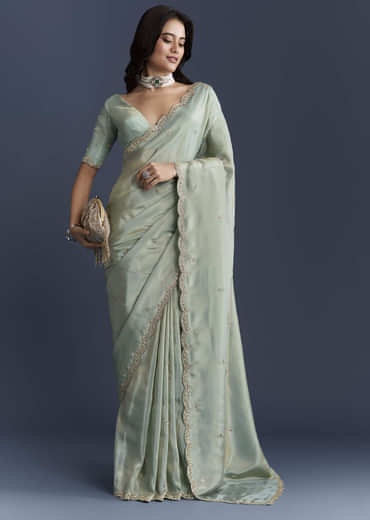 Aqua Blue Tissue Saree With Intricate Hand Embroidery